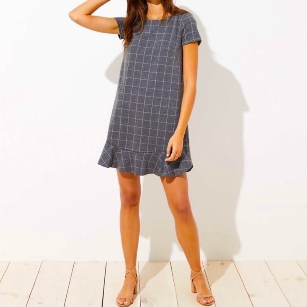 LOFT Charcoal and Pink Plaid Dress